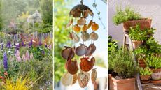 composite of floral garden, seashell wind chime and herbs in terracotta pots