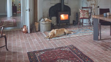 Living room with fire with dog in front and brick floor and chairs and dining table