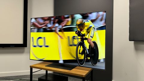 LG G4 (OLED65G46LS) OLED TV slight angle showing cyclist on screen