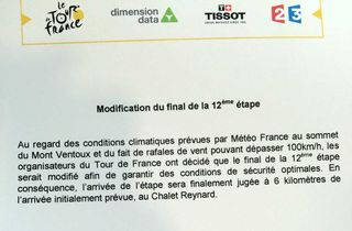Official communication confirming the shortening of stage 12 pf the 2016 Tour de France
