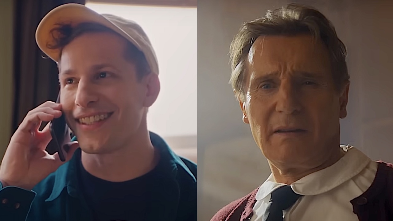 Andy Samberg talking on the phone wearing a baseball cap in Anxiety SNL digital short/ Liam Neeson wearing a girls shirt in The Naked Gun (side by side image)