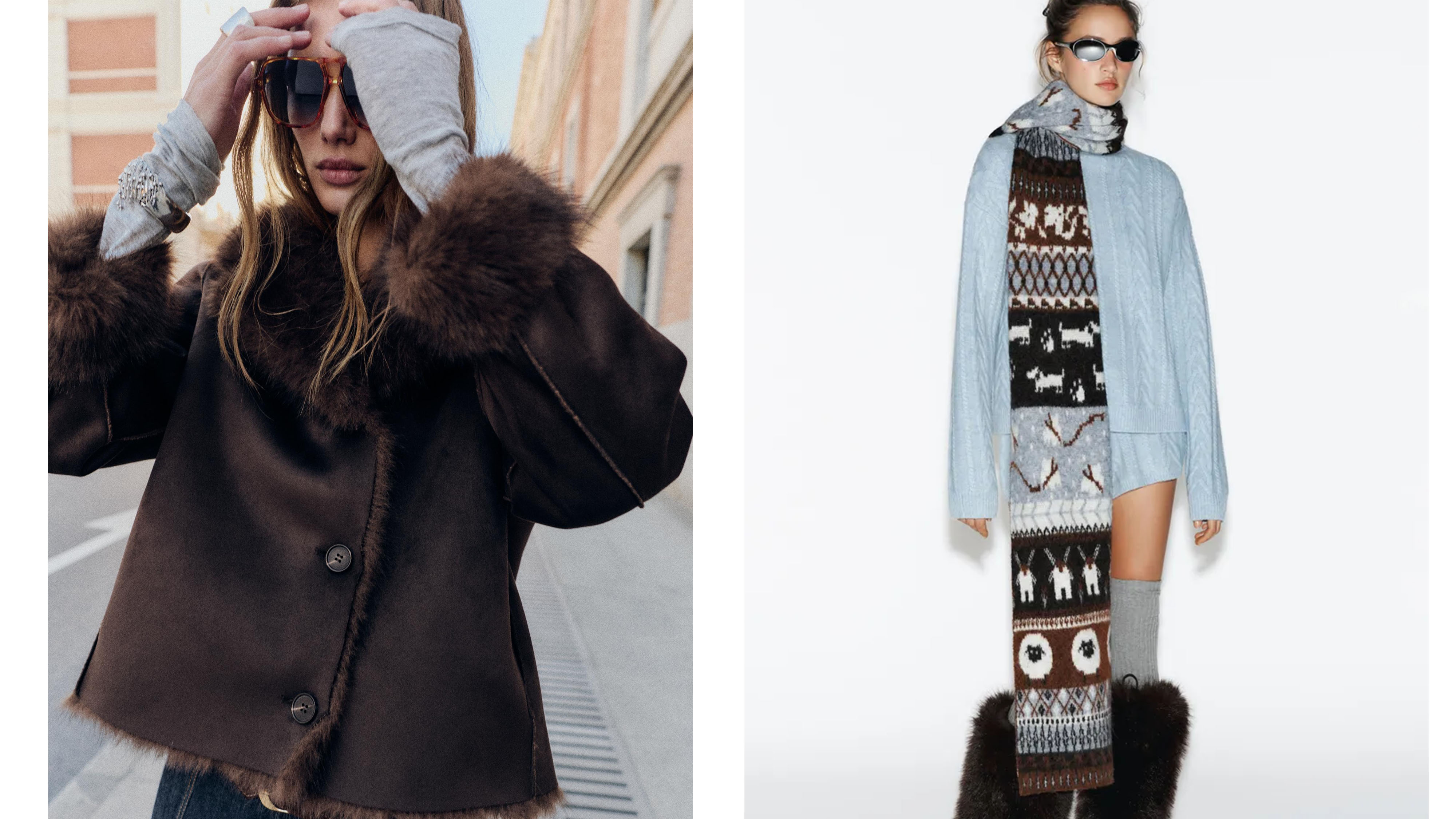 A model in a faux fur lined Zara jacket; A model in pale blue sweater and shorts with a winter scarf