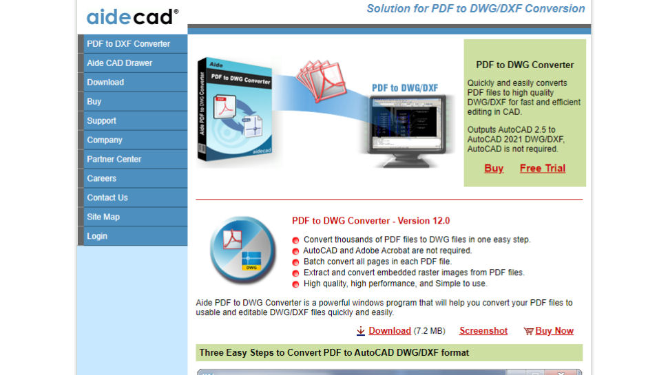 Website screenshot of AideCAD PDF to DWG Converter