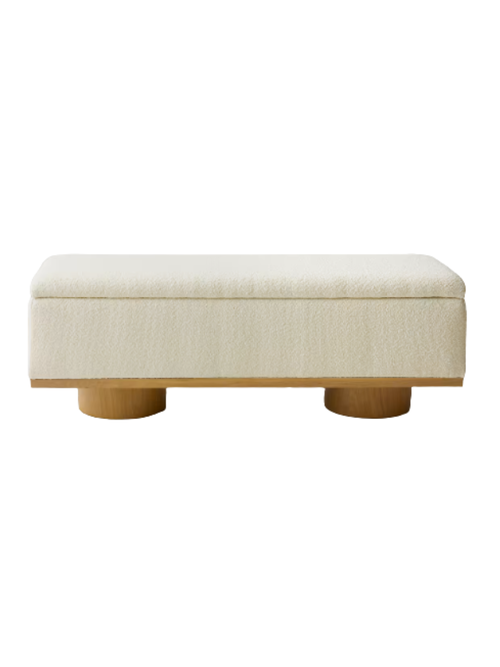 Solid Wood and Boucle Storage Bench