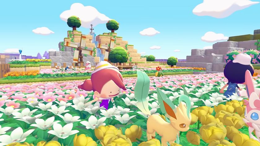Screenshot from Pokemon Pokopia shows a Ditto protagonist, Leafeon, and Sylveon in a field of flowers.