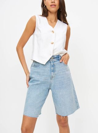 Light Wash Embellished Denim Bermuda Shorts 16 