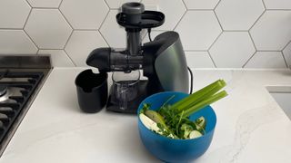 Ninja Cold Press Juicer with a selection of green fruit and vegetables ready to be juiced