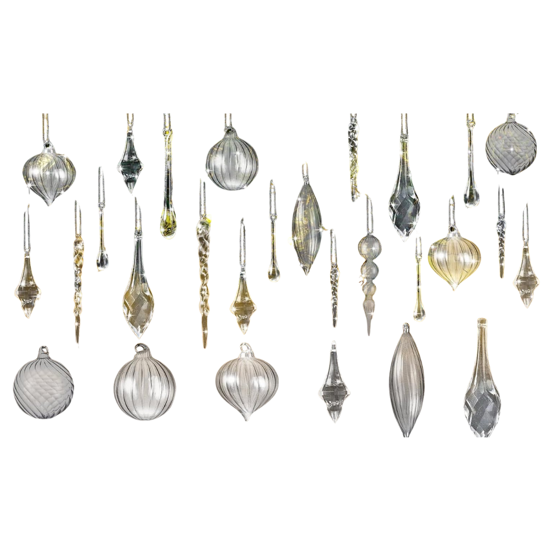 Syhood 24 Pcs Christmas Crystal Glass Ornaments Clear Vintage Acrylic Hanging Ornaments Christmas Drop Icicle Teardrop Ball Decorations for Xmas Tree Winter Party Supplies, 15 Style Assorted Size