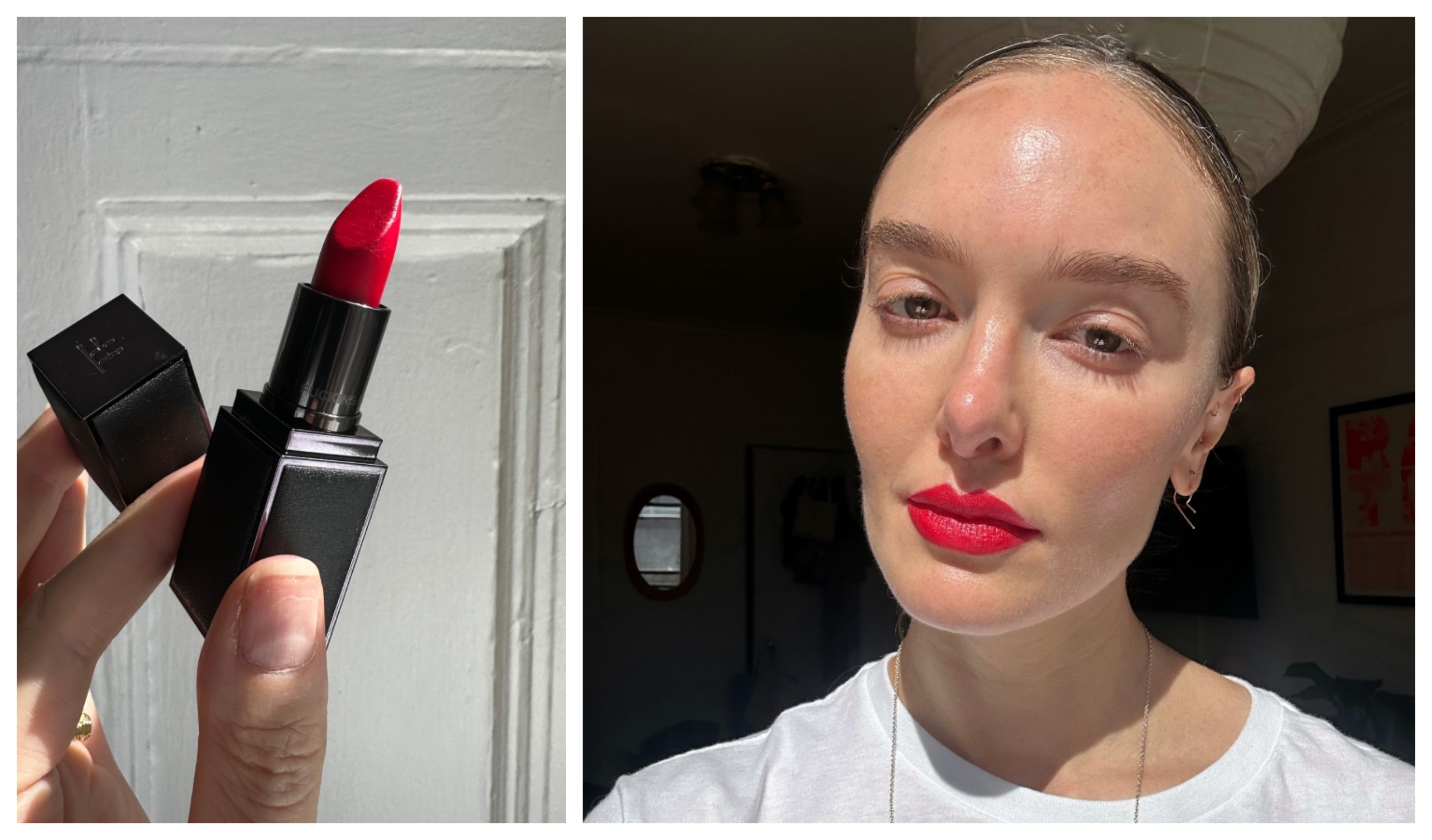 Hannah Baxter wearing red lipstick and holding a black lipstick bullet