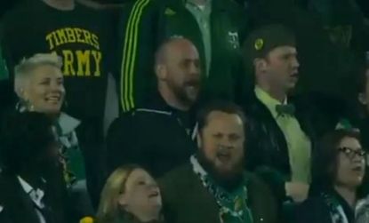 In the first ever Portland Timbers Major League Soccer Game, 17,000 fans sang the "Star Spangled Banner" with exuberance through the rain and all.