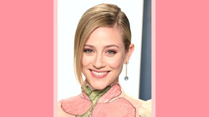 Lili Reinhart pictured wearing a cream and pink floral gown as she attends the 2020 Vanity Fair Oscar Party hosted by Radhika Jones at Wallis Annenberg Center for the Performing Arts on February 09, 2020 in Beverly Hills, California/ in a pink and peach template