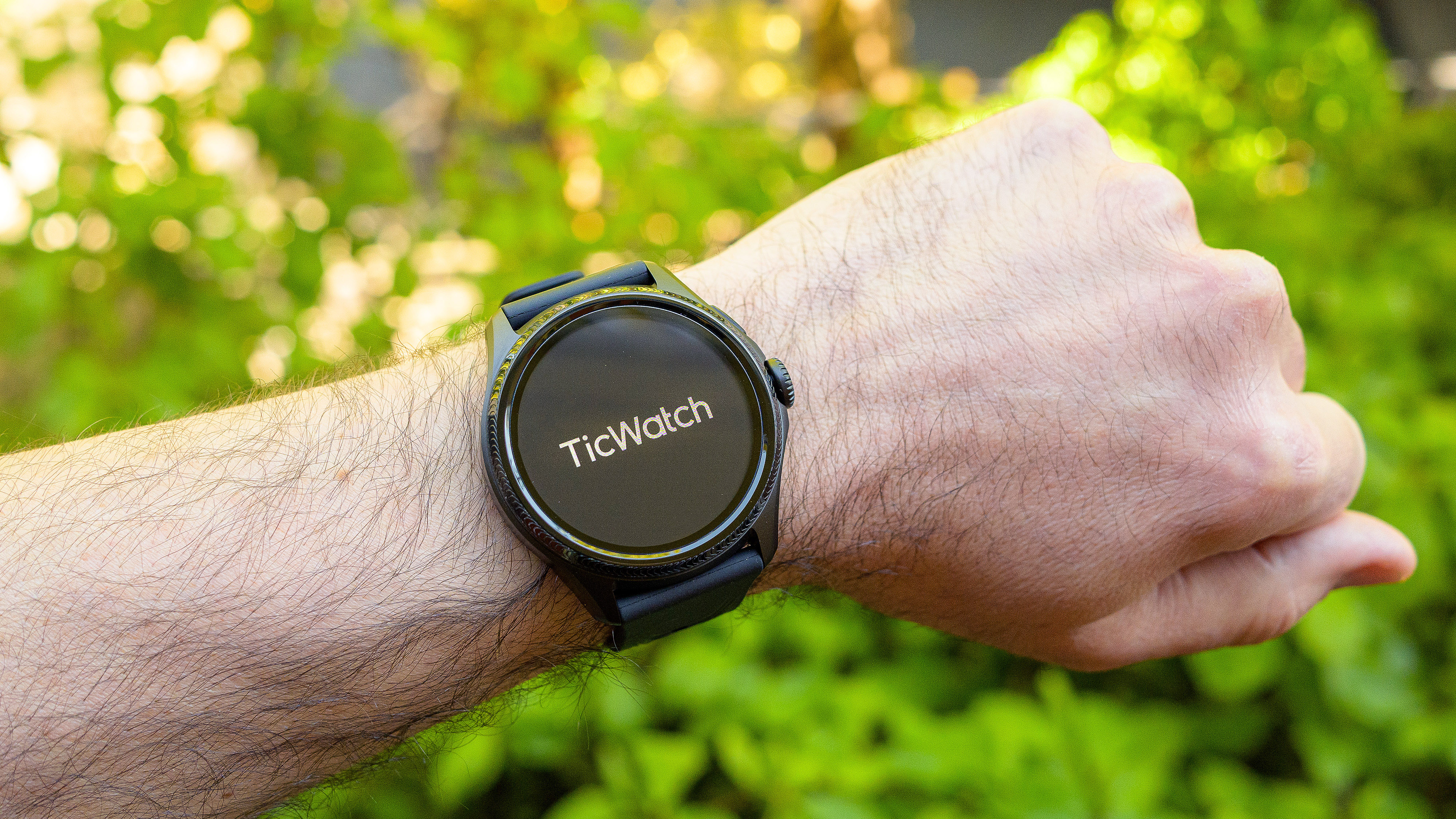 TicWatch Pro 5 Enduro on a person's wrist outside