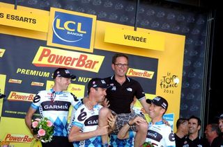 Jonathan Vaughters celebrates on the podium