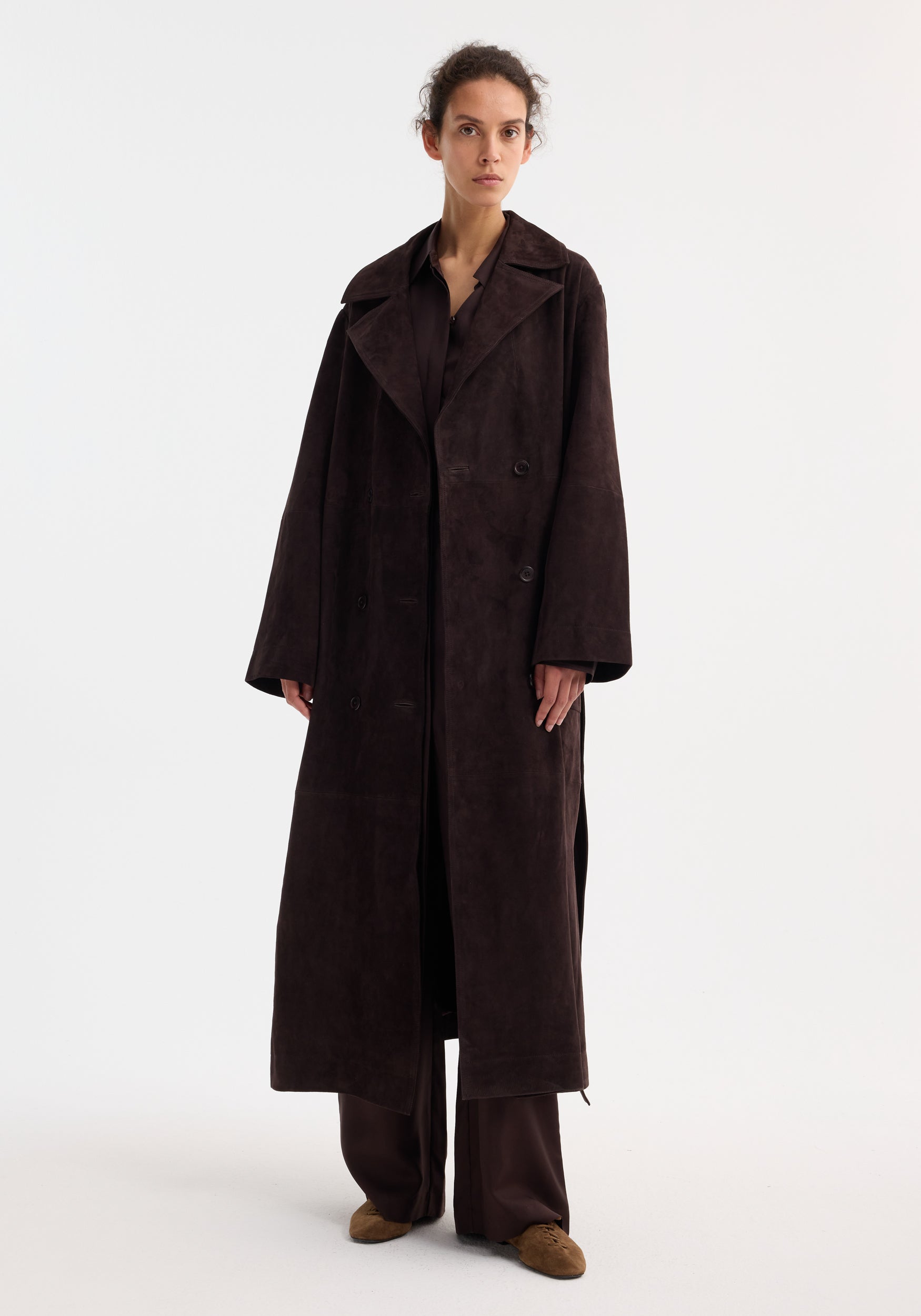 Suede Belted Wrap Coat | Dark Chocolate