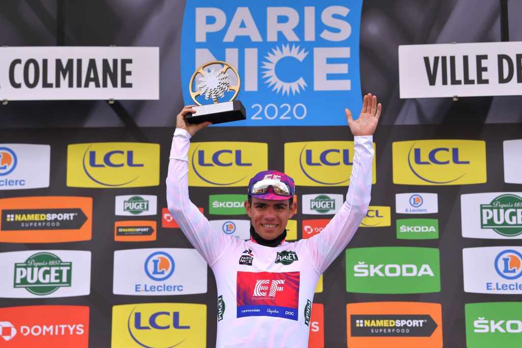 VALDEBLORE LA COLMIANE FRANCE MARCH 14 Podium Sergio Andres Higuita of Colombia and Team Ef Pro Cycling White Best Young Jersey Celebration Trophy during the 78th Paris Nice 2020 Stage 7 a 1665km stage from Nice to Valdeblore La Colmiane 1500m Paris Nice 2020 final stage as part of the fight against the spread of the Coronavirus ParisNice parisnicecourse PN on March 14 2020 in Valdeblore La Colmiane France Photo by Luc ClaessenGetty Images