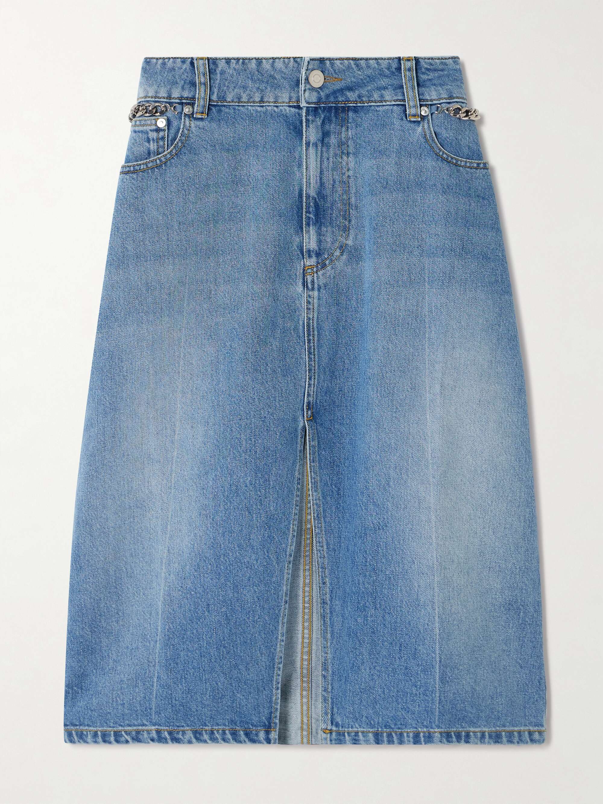 + Net Sustain Chain-Embellished Denim Midi Skirt