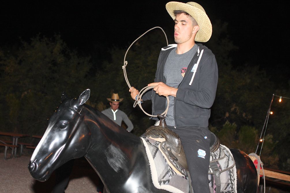 A Polartec-Kometa rider swings his rope in the calf-roping test