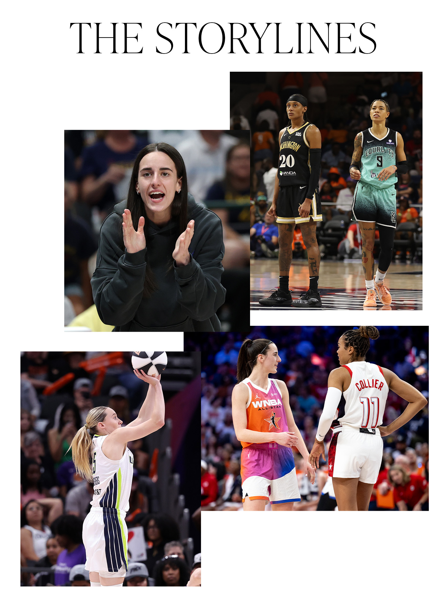 A collage with the words, "THE STORYLINES" written on top. Below are photos of Caitlin Clark, Brittany Sykes with Natasha Cloud, Paige Bueckers, and Clark with Napheesa Collier.