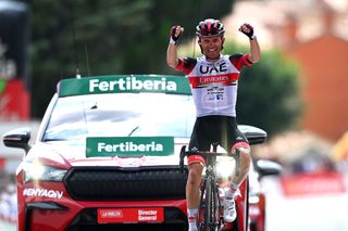 EL BARRACO SPAIN AUGUST 29 Rafal Majka of Poland and UAE Team Emirates celebrates winning during the 76th Tour of Spain 2021 Stage 15 a 1975km km stage from Navalmoral de la Mata to El Barraco lavuelta LaVuelta21 on August 29 2021 in El Barraco Spain Photo by Stuart FranklinGetty Images