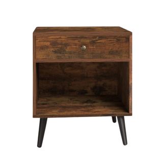 A brown wooden nightstand with black legs