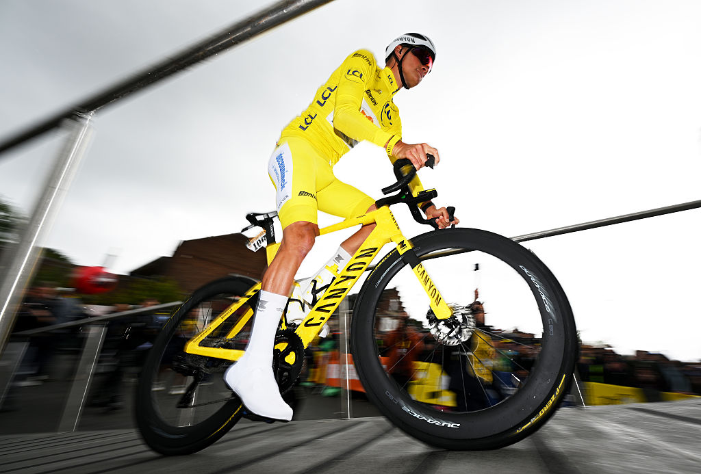 VALENCIENNES, FRANCE - JULY 07: Mathieu van der Poel of Netherlands and Team Alpecin - Deceuninck - Yellow Leader Jersey prior to the 112th Tour de France, Stage 3 a 178.3km stage from Valenciennes to Dunkerque / #UCIWT / on July 07, 2025 in Valenciennes, France. (Photo by Dario Belingheri/Getty Images)