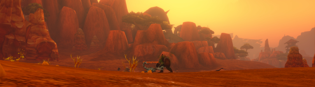 A distant shot of an orc fighting a scorpion in World of Warcraft: Forever.