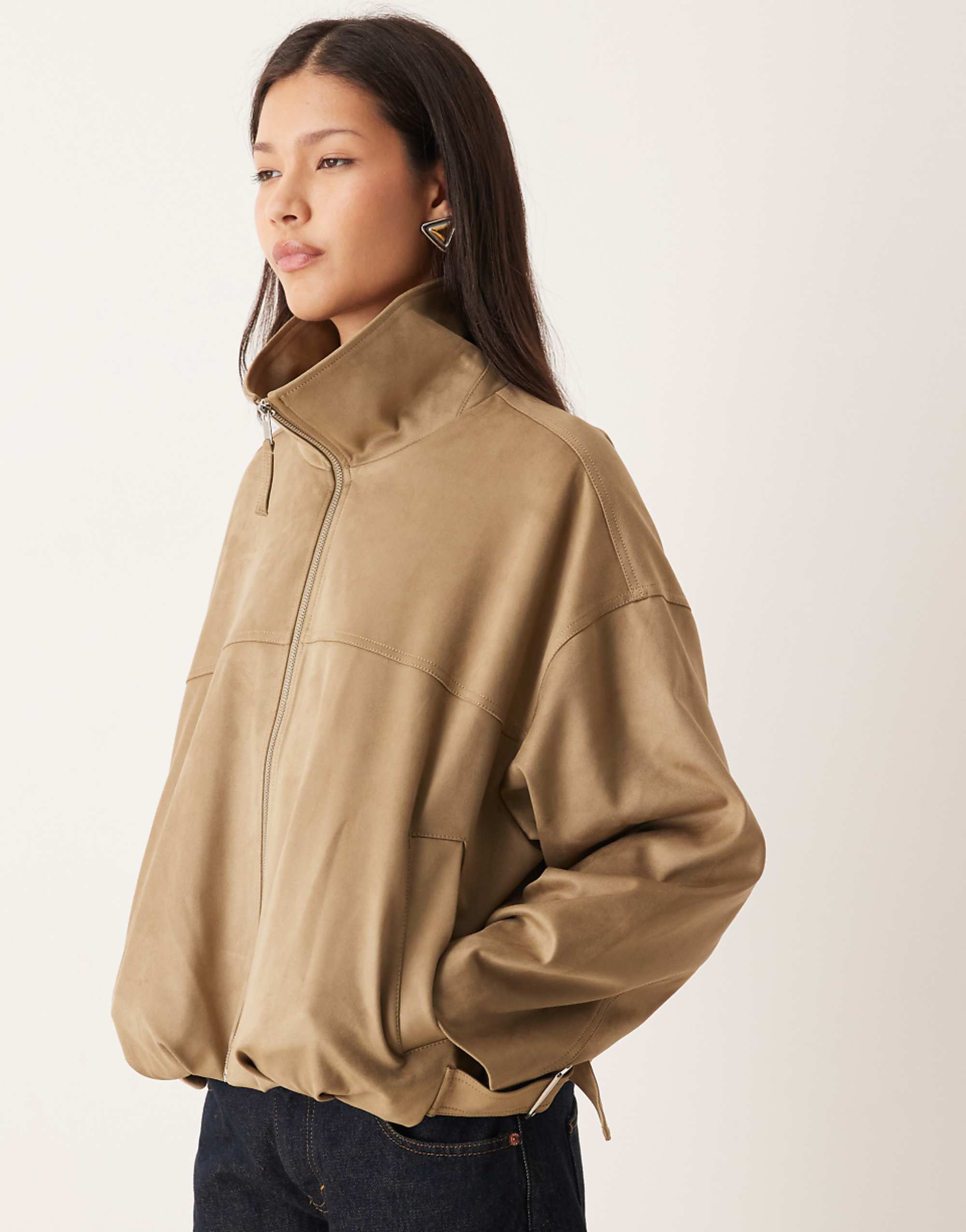 Gina Tricot Faux Suede High Neck Jacket in Olive Green