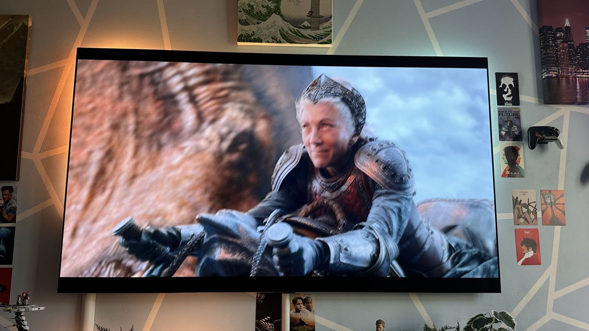 Princess Rhaenys Targaryen riding a dragon in &quot;House of the Dragon&quot; season 2, episode 4 on an LG G3 OLED TV.