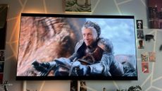 Princess Rhaenys Targaryen riding a dragon in "House of the Dragon" season 2, episode 4 on an LG G3 OLED TV.