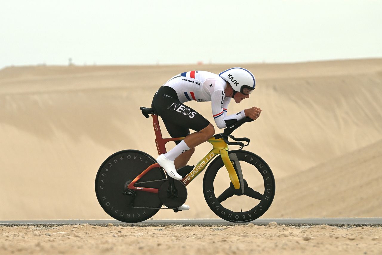 Josh Tarling during a time trial at the UAE Tour