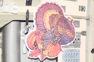 A Thanksgiving decoration, as seen in space in November 2001, on board the International Space Station.