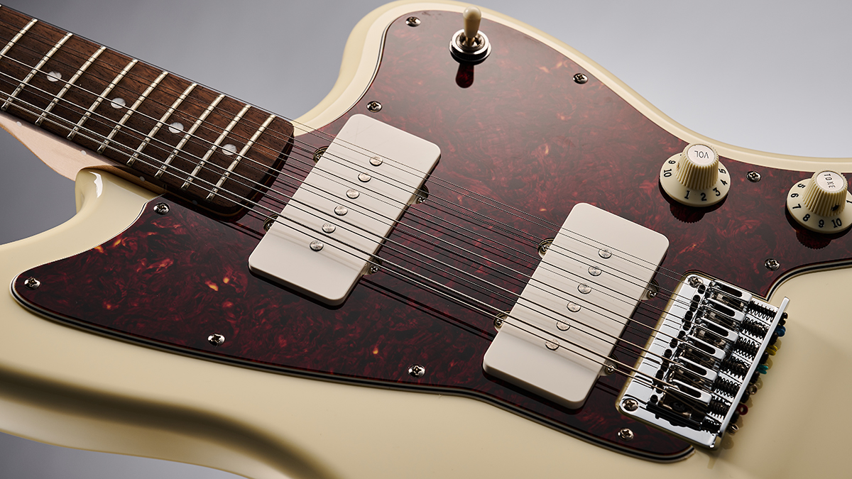 Close up of the body on a Squier Paranormal Jazzmaster XII 12-string electric guitar