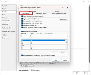 Autocorrect settings for Word