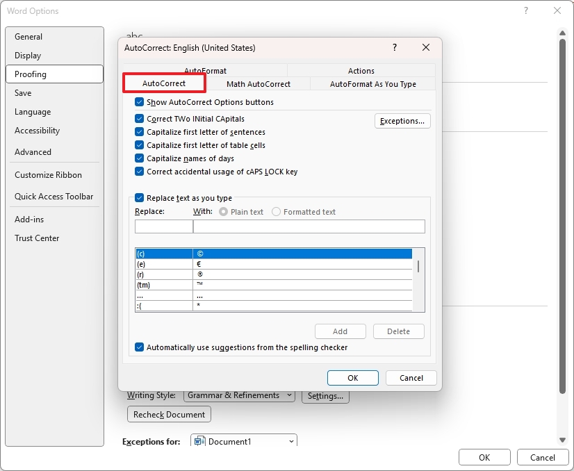 Autocorrect settings for Word