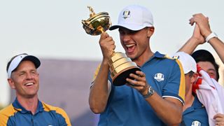 Ludvig Aberg with the Ryder Cup trophy after Team Europe's win at Marco Simone