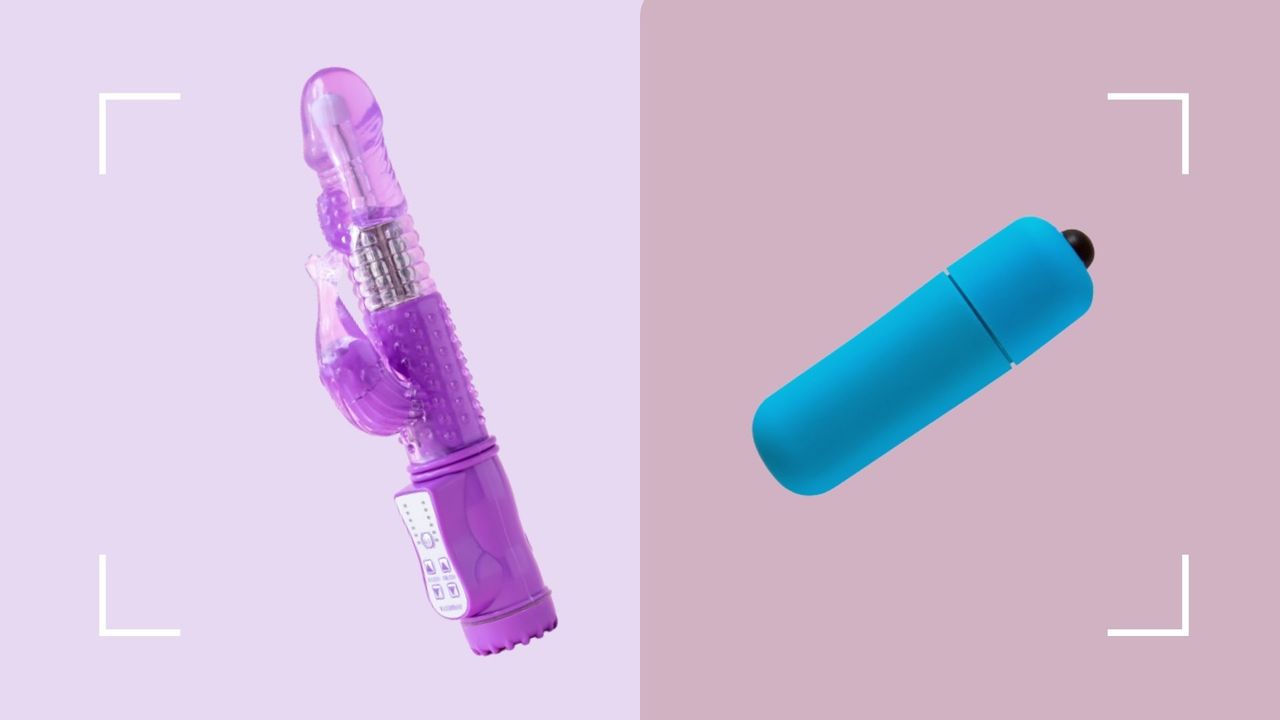 Puple rabbit vibrator on light pink background and blue bullet vibrator on pastel pink background to illustrate the difference between rabbit vibrators vs clitoral stimulators