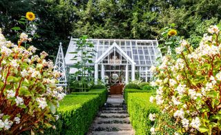 Glass greenhouse with white frame