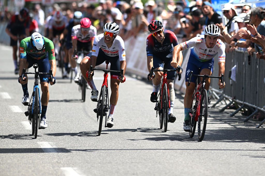 AUTERIVE FRANCE JUNE 19 Niccolo Bonifazio of Italy and Team Total Energies celebrates winning ahead of Max Kanter of Germany and Movistar Team Green Points Jersey Matteo Moschetti of Italy and Team Trek Segafredo Elia Viviani of Italy and Team INEOS Grenadiers during the 46th La Route dOccitanie La Depeche du Midi 2022 Stage 4 a 1883km stage from Les Angles to Auterive RDO2022 on June 19 2022 in Auterive France Photo by Dario BelingheriGetty Images
