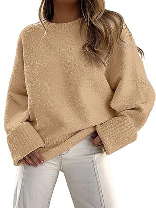 Anrabess Damen-Pullover, übergroß, Rundhalsausschnitt, langärmelig, flauschiger Strick, lässig, klobig, warm, 2024, Herbst-Pullover, Pullover, Tops, trendige Outfits, Aprikose, Größe XL