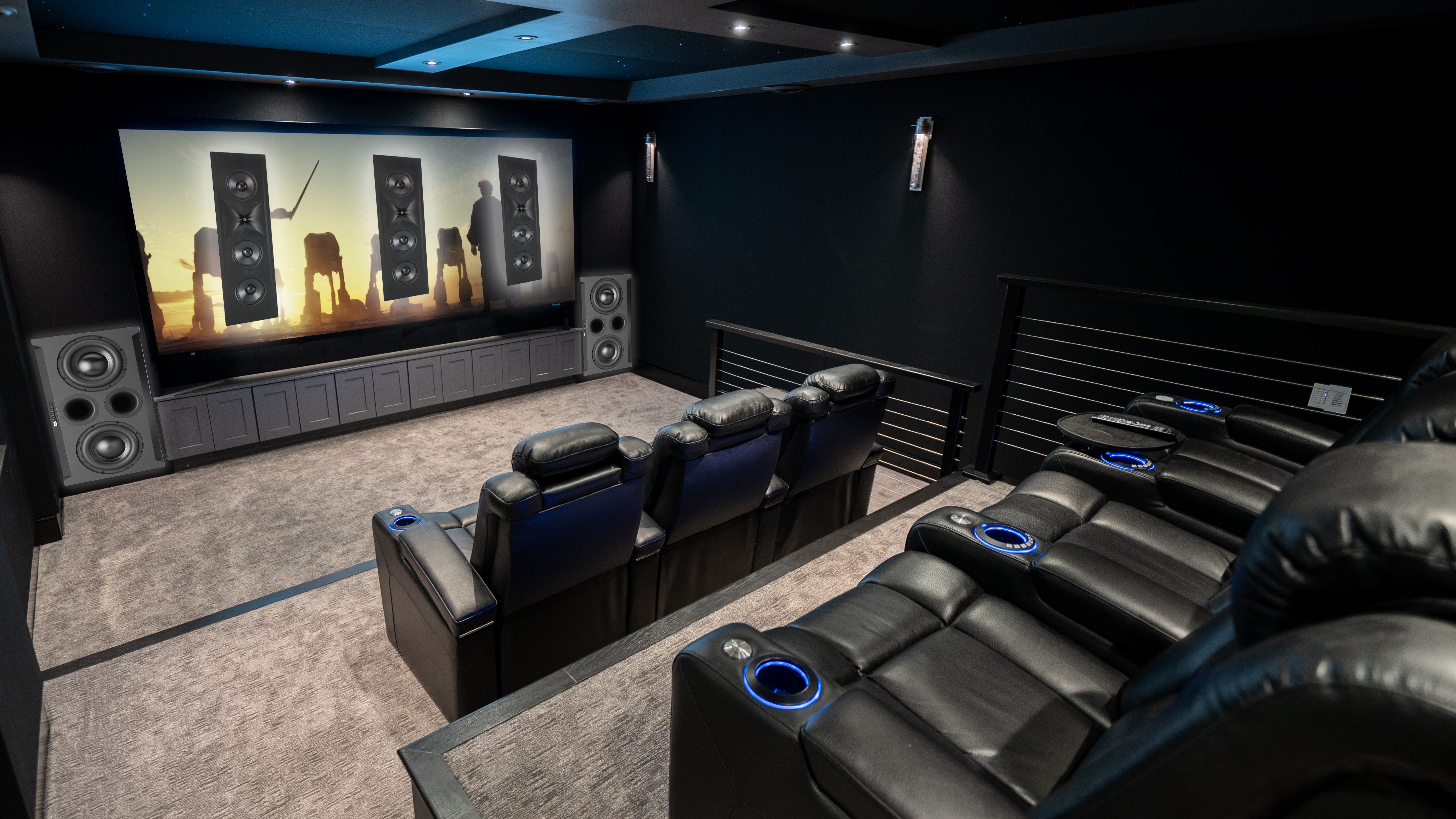 Basement Buildout Magic home theater showing seats, lighting and screen