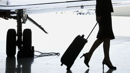 Flight attendant in high heels with wheelie bag next to plane