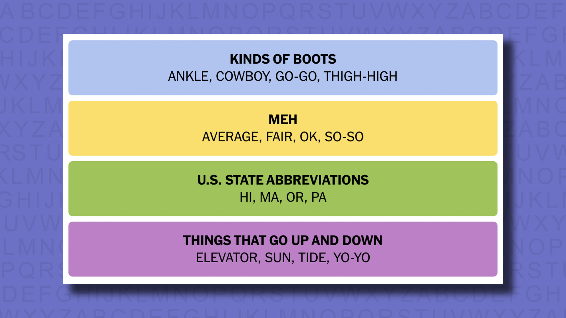 NYT Connections Answers for Game 432 on a purple background