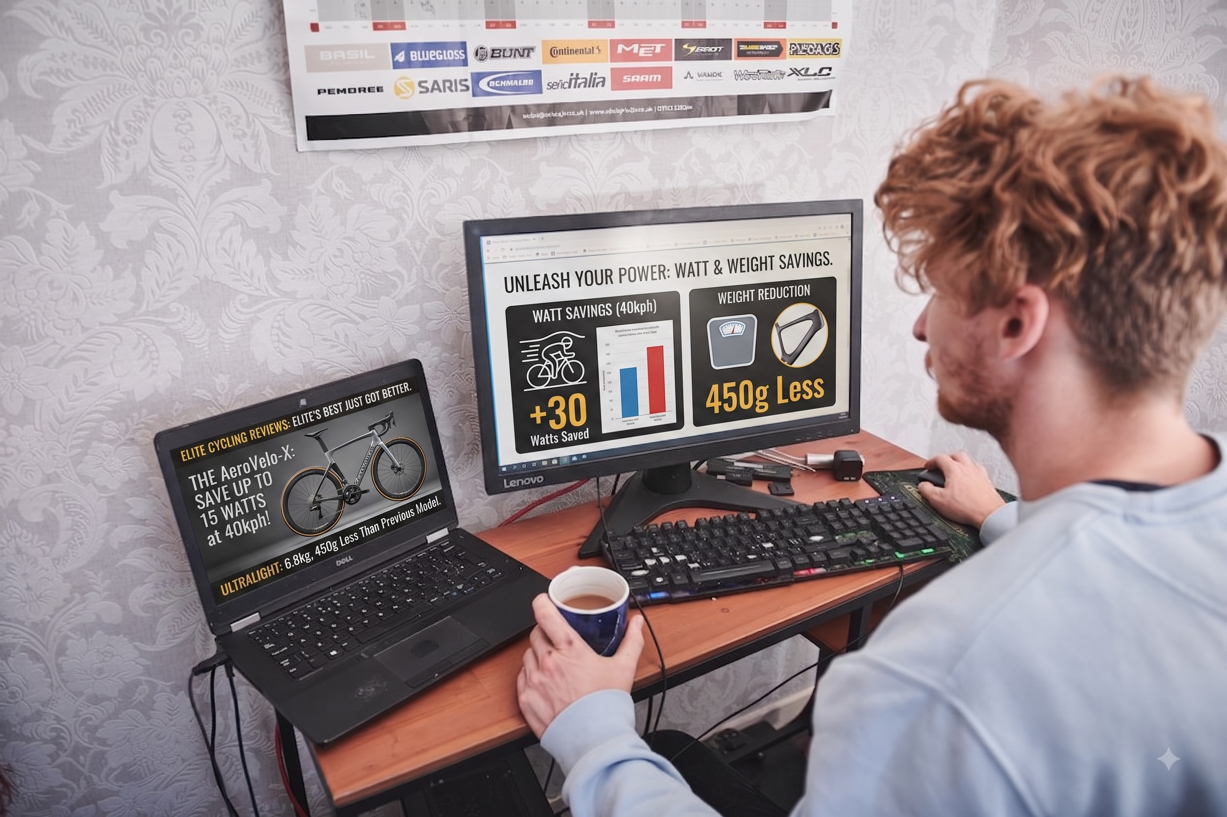 cyclist drinks a coffee looking at bikes on the screen with massive weight and watt saving claims