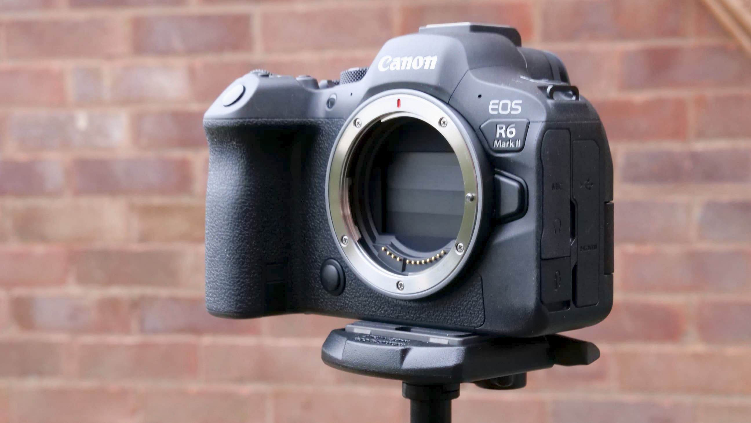 Canon EOS R6 II on a tripod outside with no lens and sensor protector active