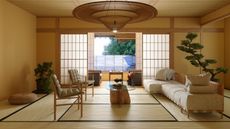 Japanese Style Living Room Interior With Sofa, Armchair, Coffee Table And Potted Plant