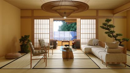 Japanese Style Living Room Interior With Sofa, Armchair, Coffee Table And Potted Plant