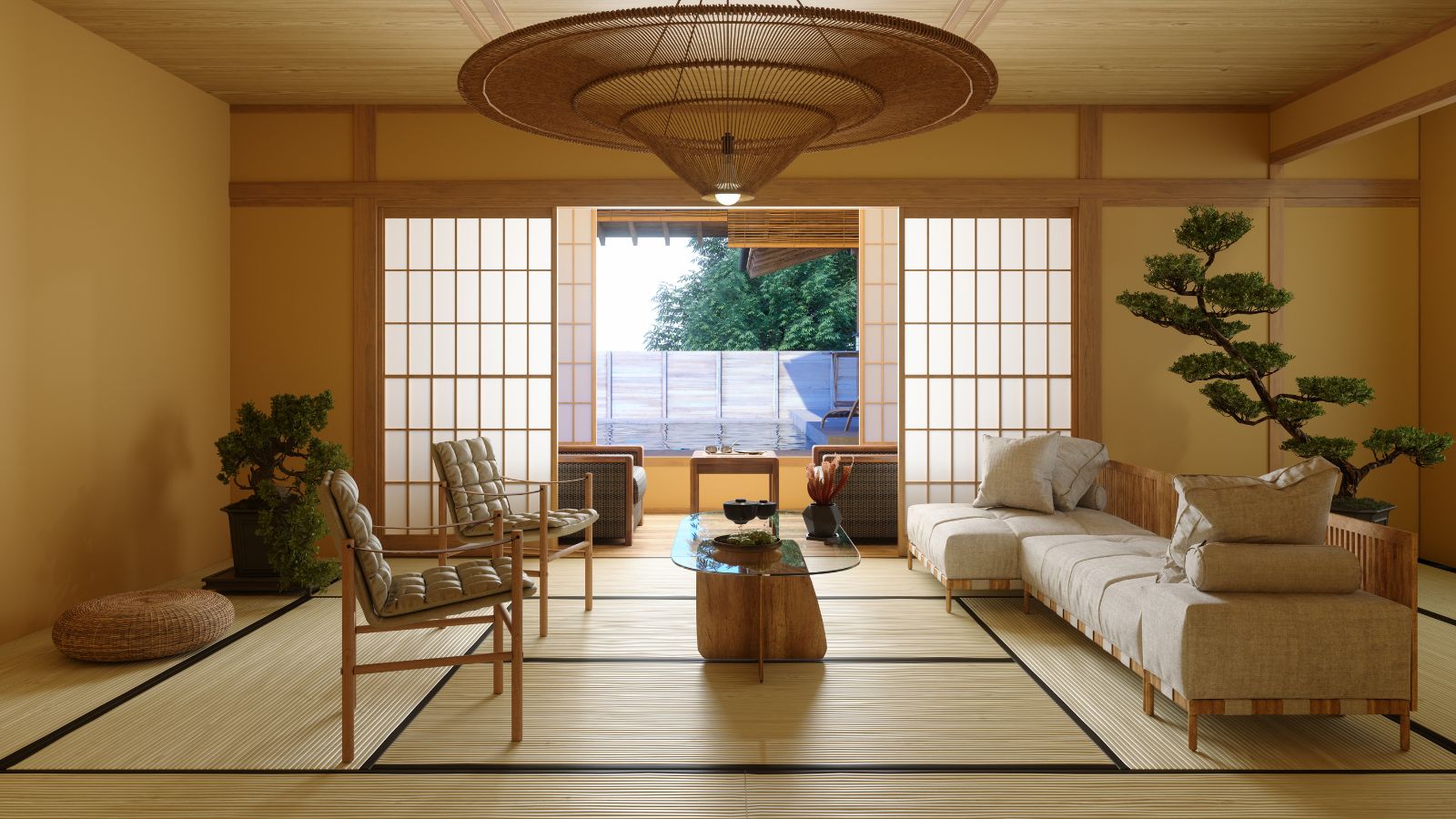 Japanese Style Living Room Interior With Sofa, Armchair, Coffee Table And Potted Plant