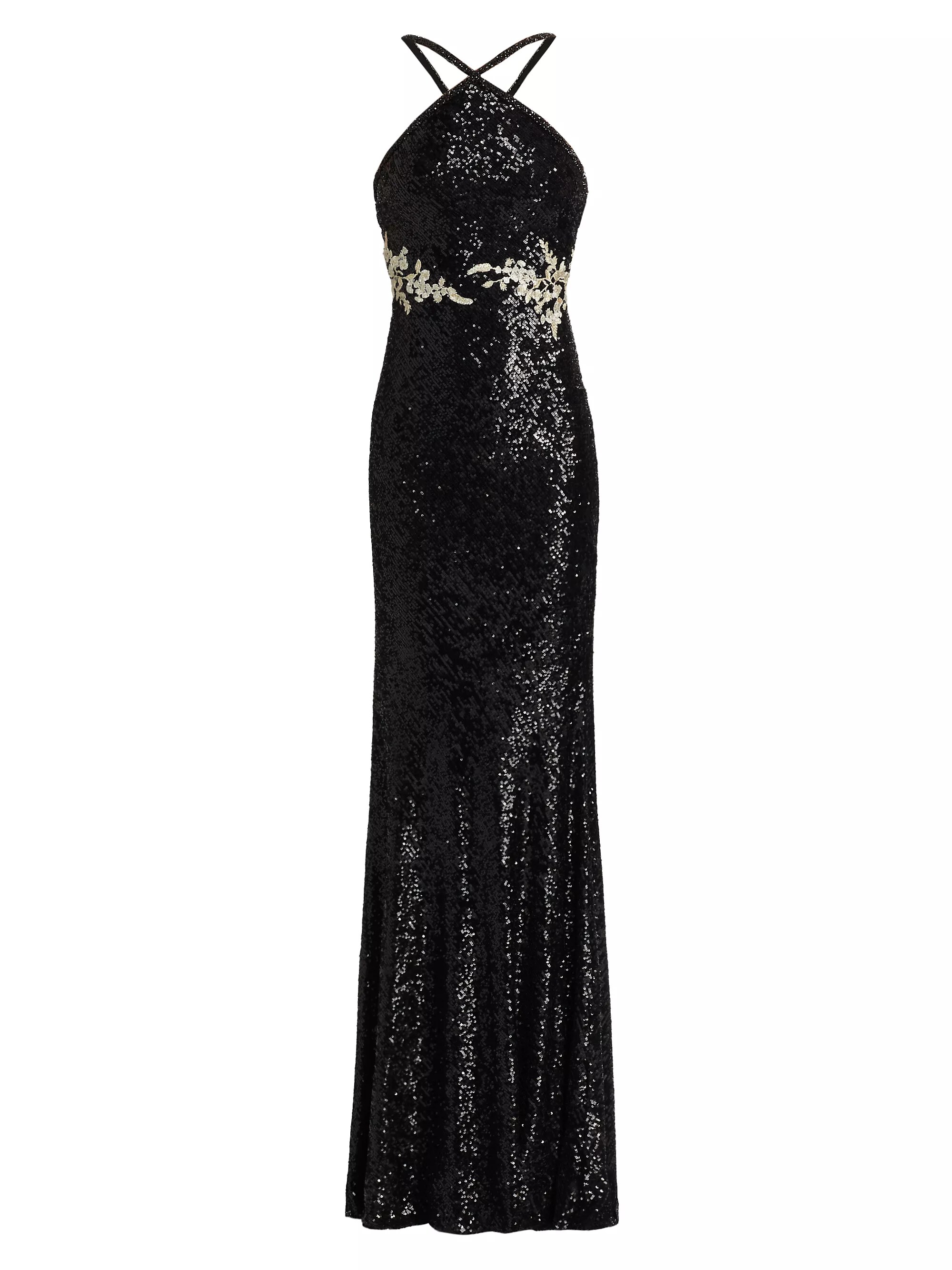 Sequined Floral Appliqué Halter Gown