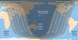 This map by Sky & Telescope shows the visibility regions around the world for the Super Blue Blood Moon lunar eclipse of Jan. 31, 2018.