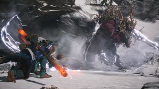 Black Myth: Wukong screenshot showing fast action-combat against a giant boss